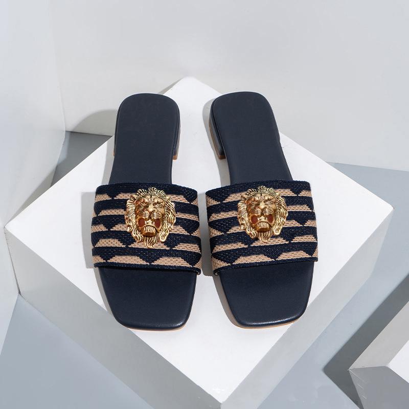 New Women's Embroidered Low Heels Slippers Europe and the United States Large Size Square Head Sandals Leather Shoes