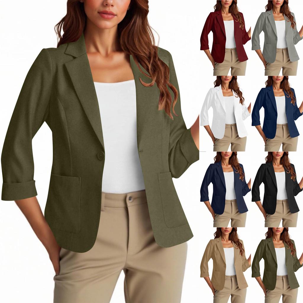 Womens Casual 3/4 Sleeve Blazers Open Front Solid Color Lapel Collar Work  Business Suit Jackets
