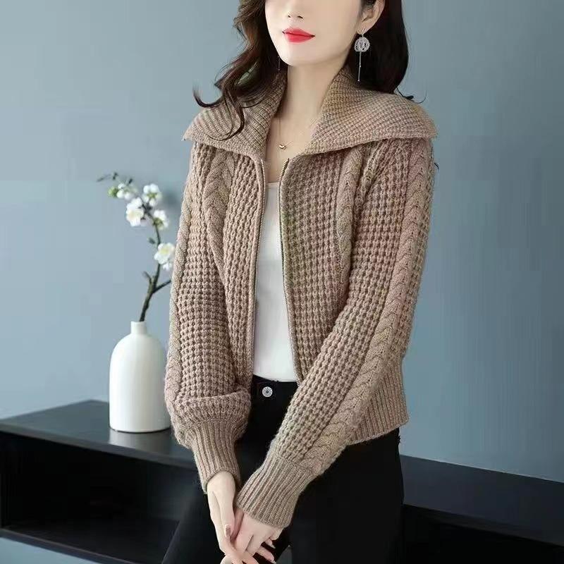 Short high-waisted autumn and winter cardigan women's knitted sweater with zipper sweater jacket loose lapel thick thread thickened