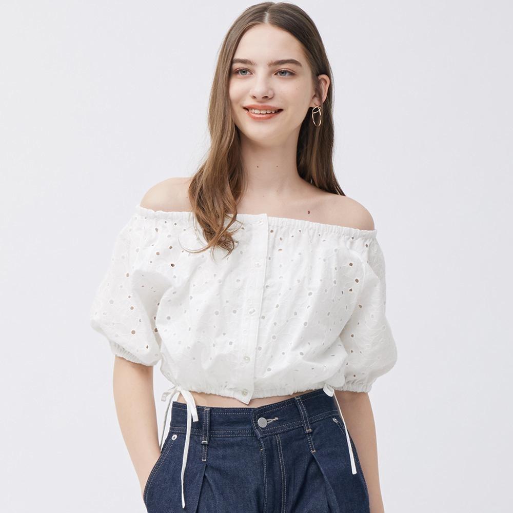 

Укороченная блузка GU by Uniqlo из хлопкового кружева с короткими рукавами