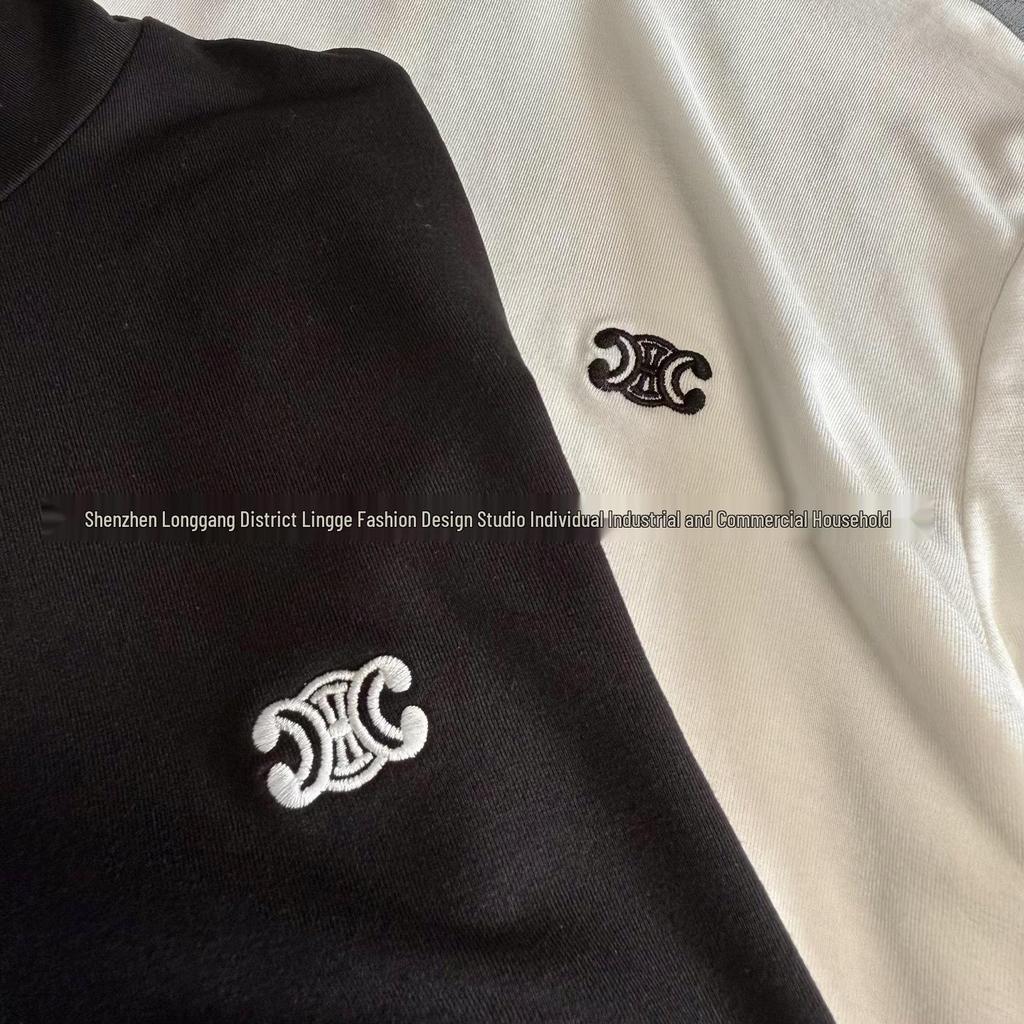 Damski T-shirt LENGE w stylu retro, z wysokim dekoltem, dopasowany, z haftem Łuku Triumfalnego