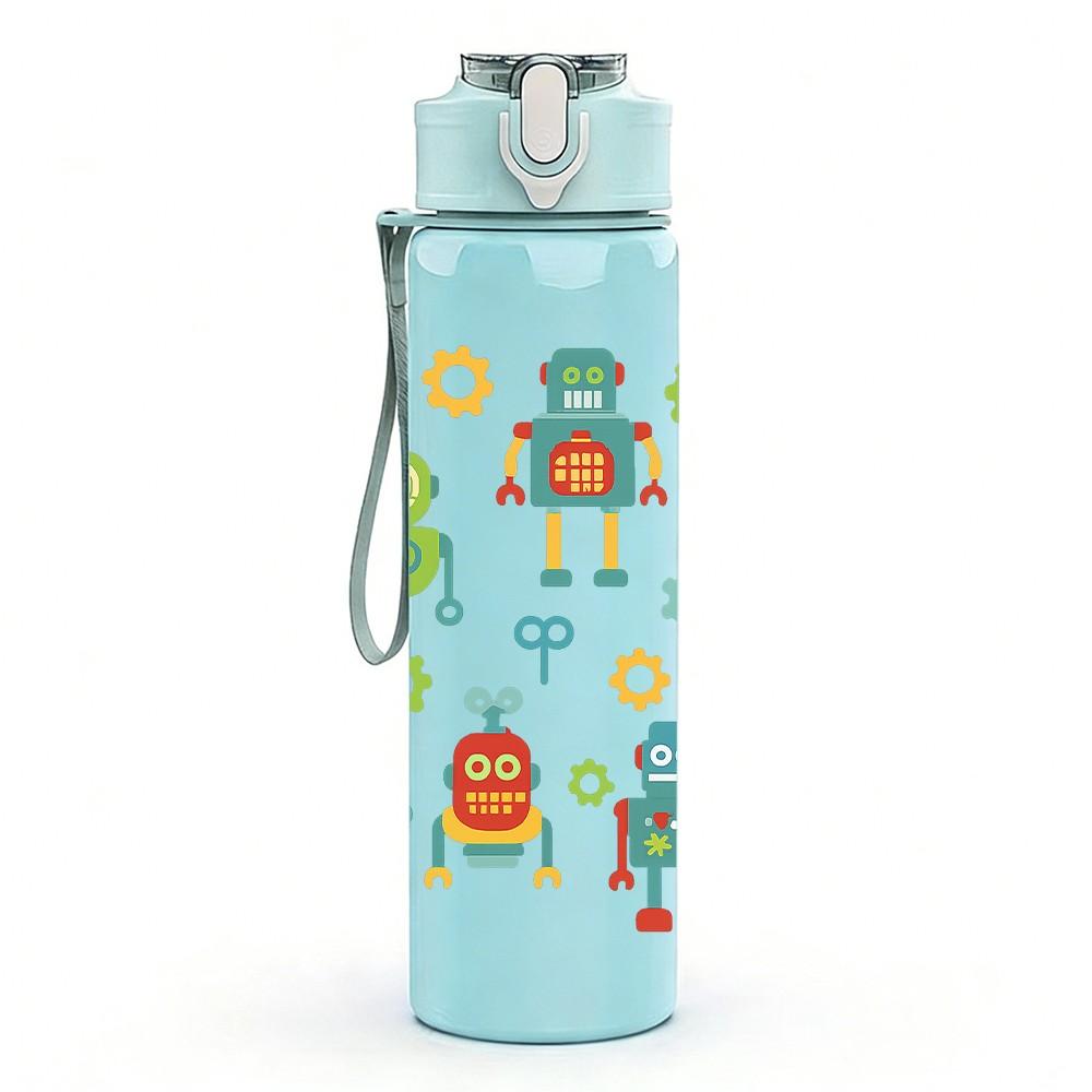 1PC Colorful Robot Repeat Pattern 750ml Color Plastic Sports Water Bottle Leakproof Flip Straw Lid Suitable for Sports Office Home Use