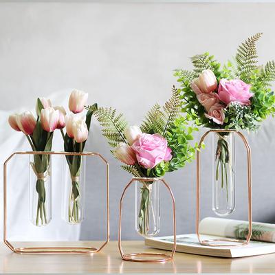 Flower Vase Nordic Golden Glass Vase Iron Hydroponic Plant Holder Tabletop Coffee Shop Office Home Decoration Accessories Modern