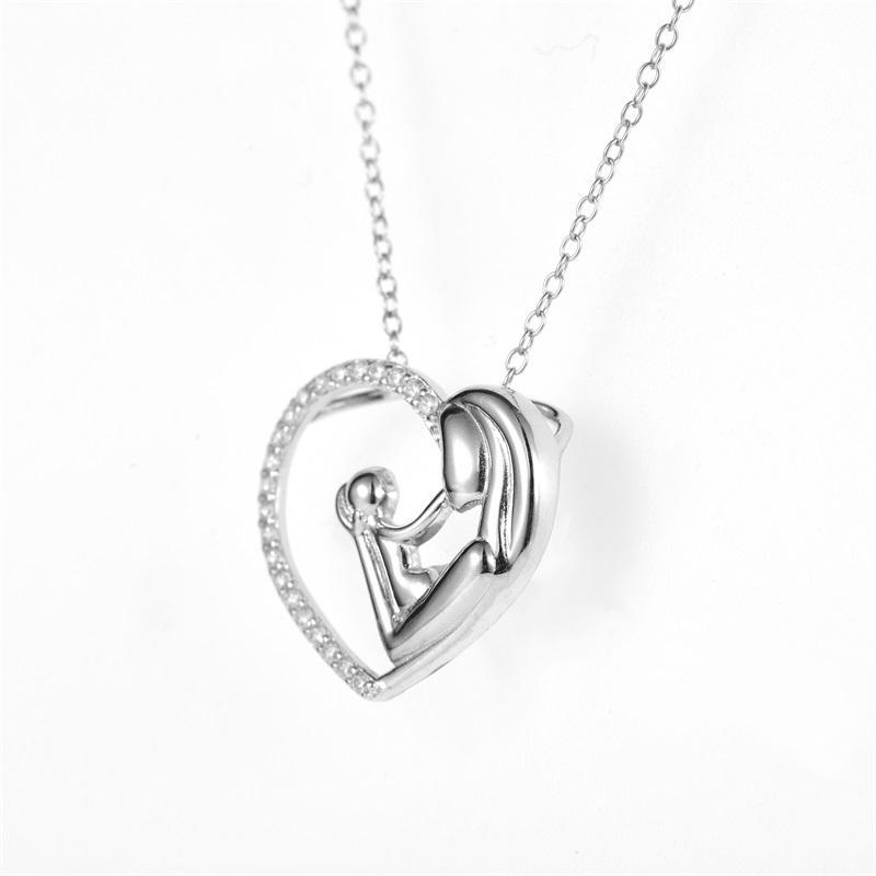 Mother with Child Real Zircon Heart Pendant In Sterling Silver Mothers Day GIft