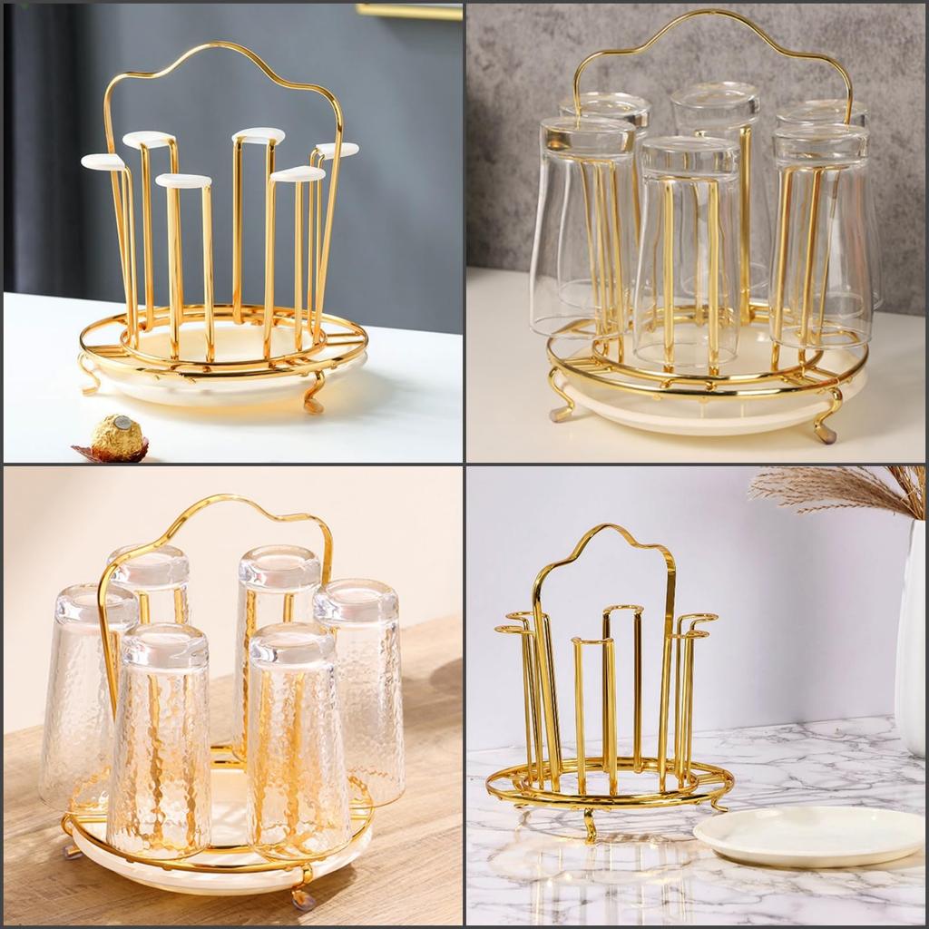Lunari Glass Stand Cup Drying Rack with Tray Drainer Bottle Stand Tabletop Storage Glass Rack Gold