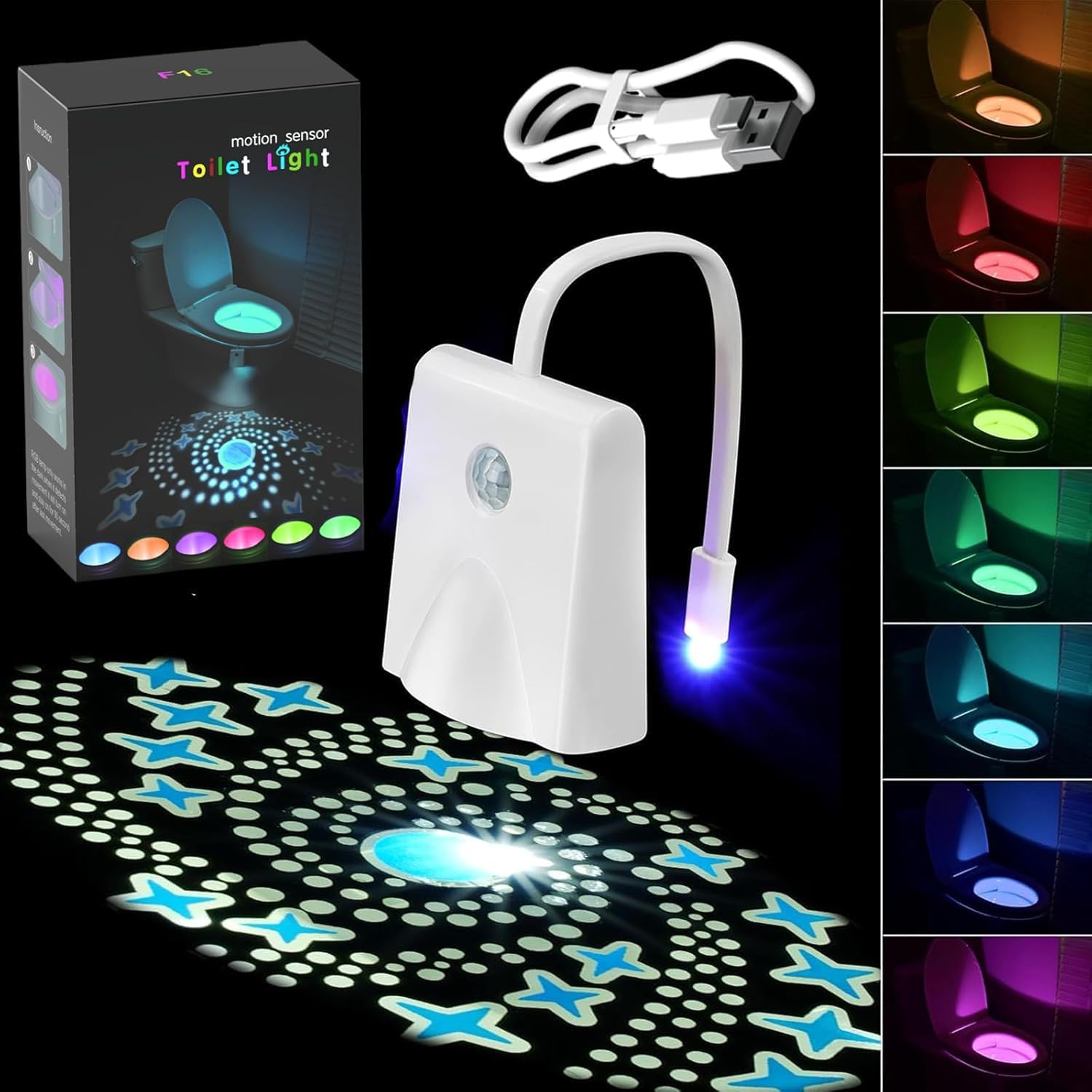 

Светодиодный ночник с датчиком движения, меняющий 16 цветов, с проектором звезд, перезаряжаемый через USB, лампа для ванной комнаты для детей и взрослых