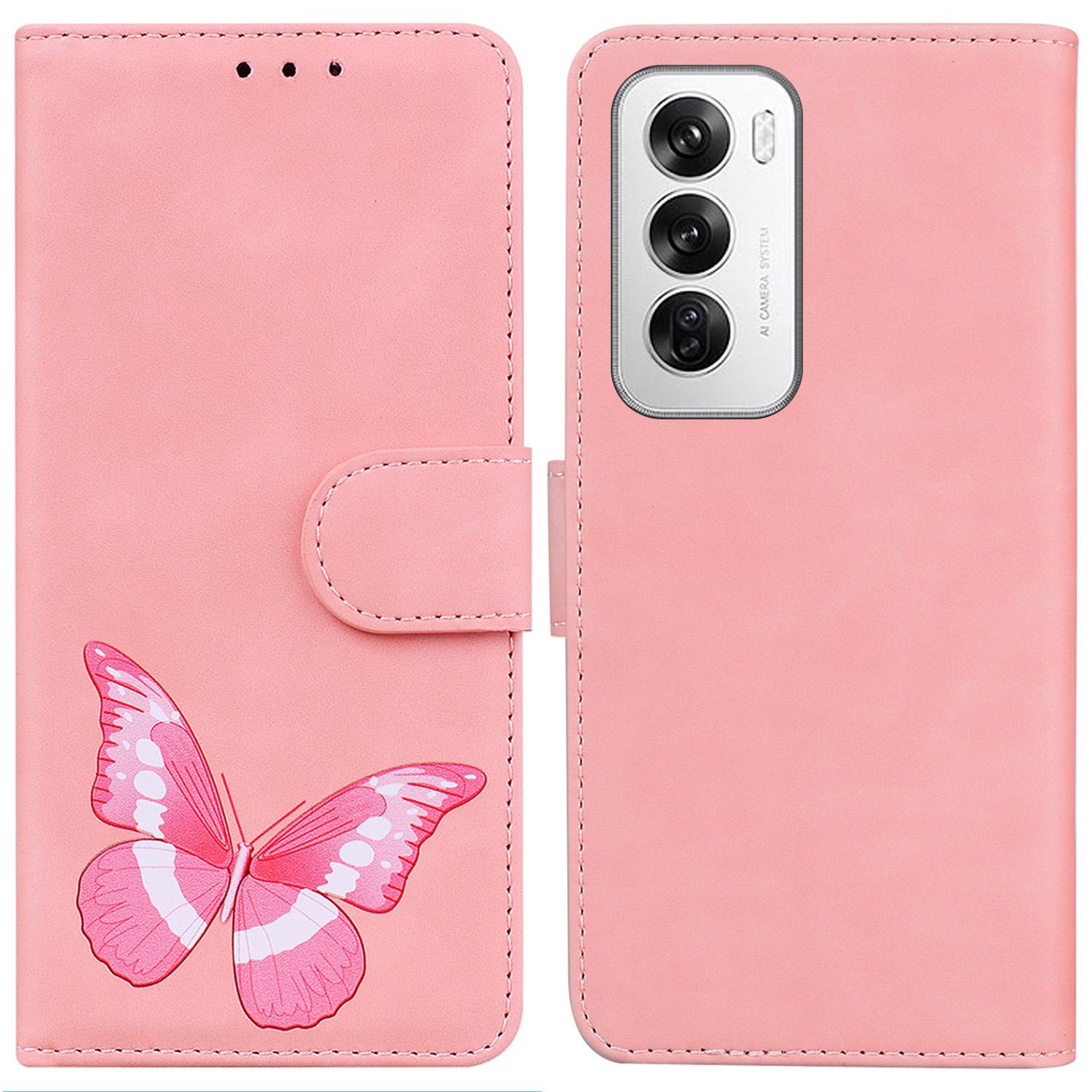 

For Oppo Reno12 5G (Global) Case Butterfly Printed PU Leather Stand Phone Cover Pink