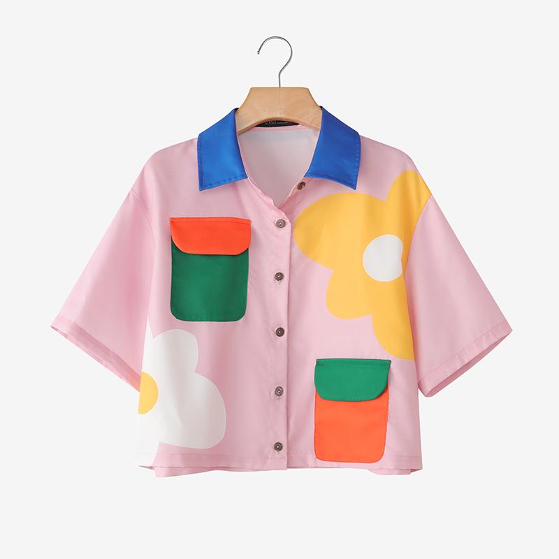 ZANZEA Women Casual Turn Down Collar Loose Color Block Short Sleeve Blouse S