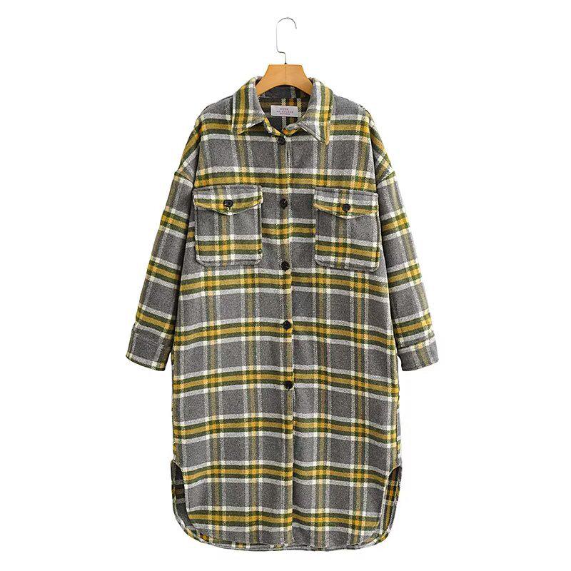 French Style Plaid Loose Wool Long Coat - Women's Elegant Temperament