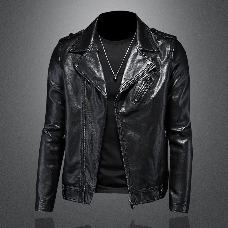 

И Новый Стиль Мужская Повседневная Мотоциклетная Кожаная Куртка Верхняя Одежда Приталенного Кроя Модная Мужская Кожаная Куртка 8107 3XL чёрный
