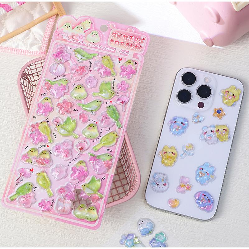 4 Pcs/set Shiny Crystal Decorative Stickers 3d Solid Relief Cute Animal & Flower Embellishments For Journal Diy & Phone Case