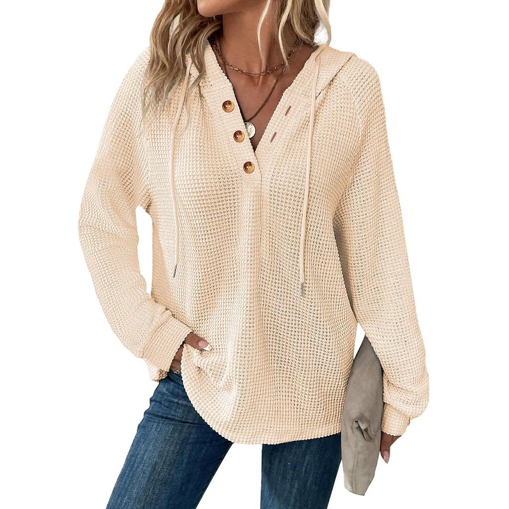 Women's Fashion Long Sleeve Drawstring Hooded Button V-neck Casual Hooded Sweatshirt Top