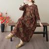 Spring and Summer New Style Retro Cotton and Hemp Round Collar Pocket Long-sleeved Dress Female Loose Thin A Line Skirt