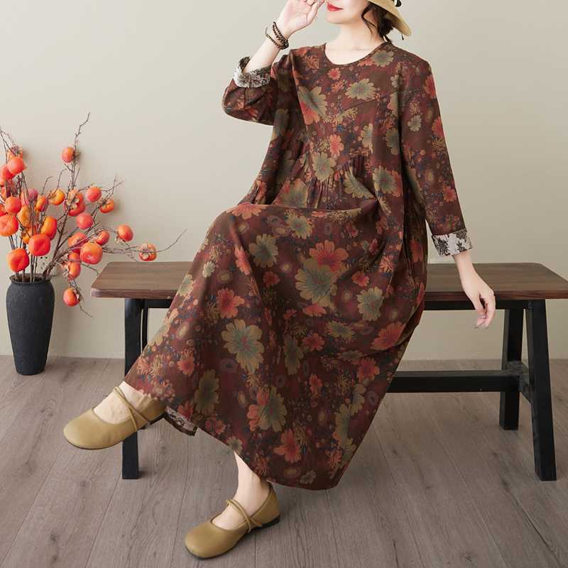 Spring and Summer New Style Retro Cotton and Hemp Round Collar Pocket Long-sleeved Dress Female Loose Thin A Line Skirt