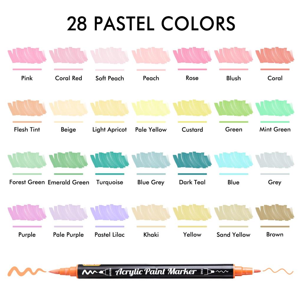 Shuttle Art Acrylic Marker Pastel Brush and Fine Twin Acrylic Paint for Writing on and Art Gift Pens, Colors, 28-Color Set, Tip, Pen, Pens,