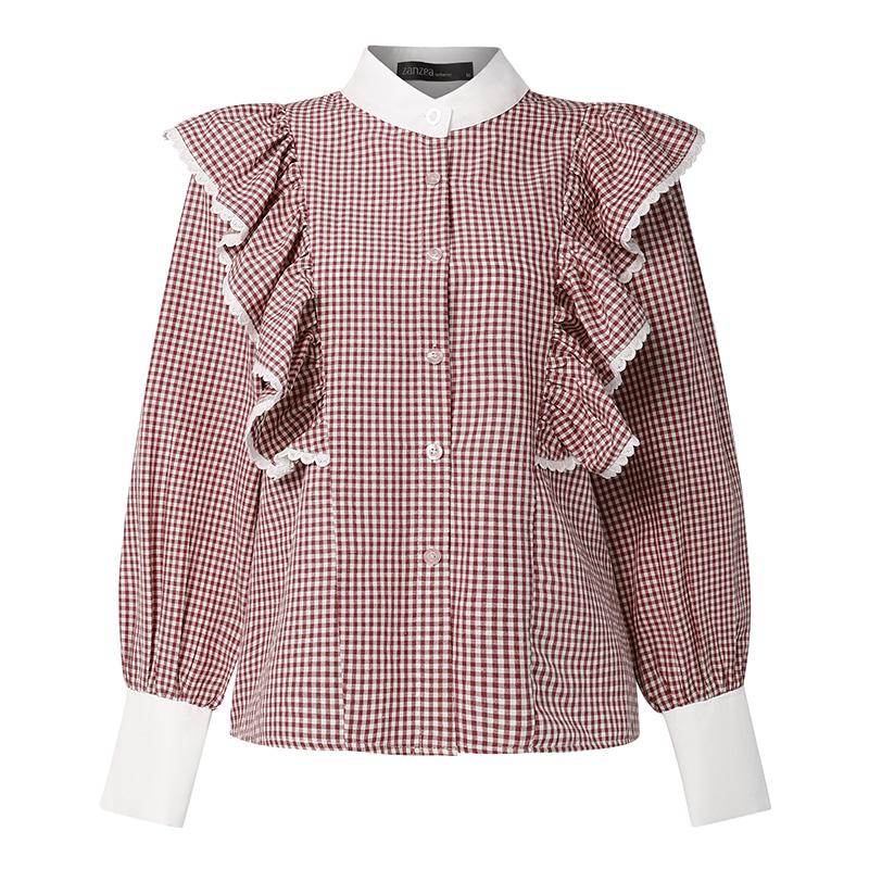

ZANZEA Women Casual Ruffles Splice Long Sleeve Plaid Print Blouse 5XL