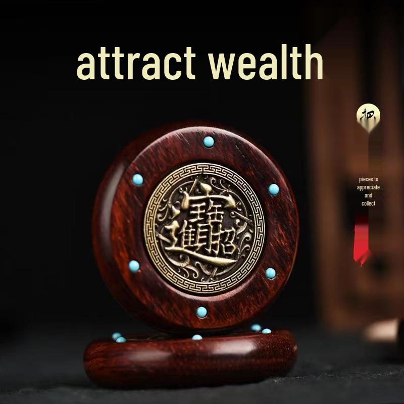 Exquisitely Carved Rosewood Hand Piece with Eight Directions & Double-sided Copper Inlay