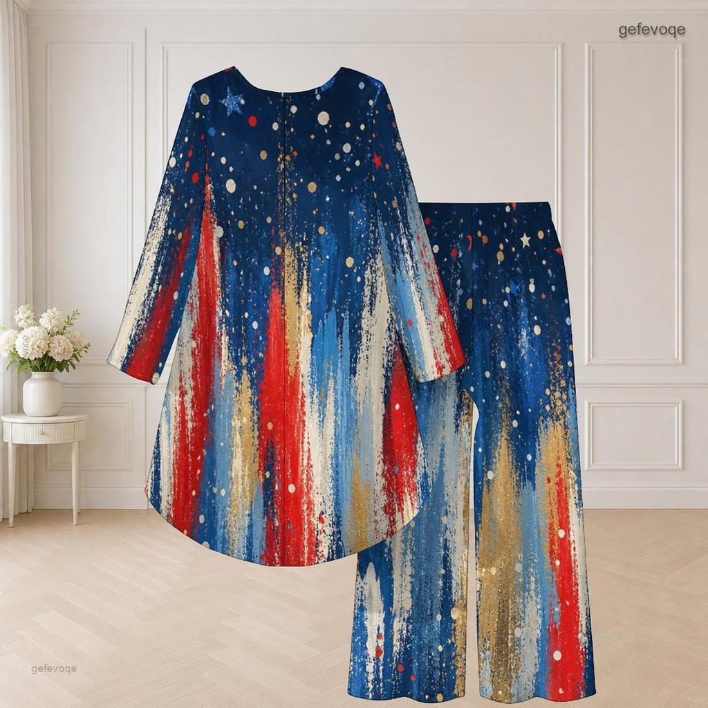 Women Plus Size Round Neck Long Sleeve Red Blue White Printed High Low Top Wide Leg Pants Two Piece Set