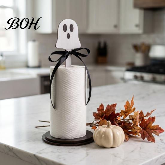 Country Style Home Accents Halloween Paper Towel Roll Holder, Ghost/Pumpkin/Witch's Hat/Bat Decor, Durable Festive Gift Wood Standing Reel for Kitchen