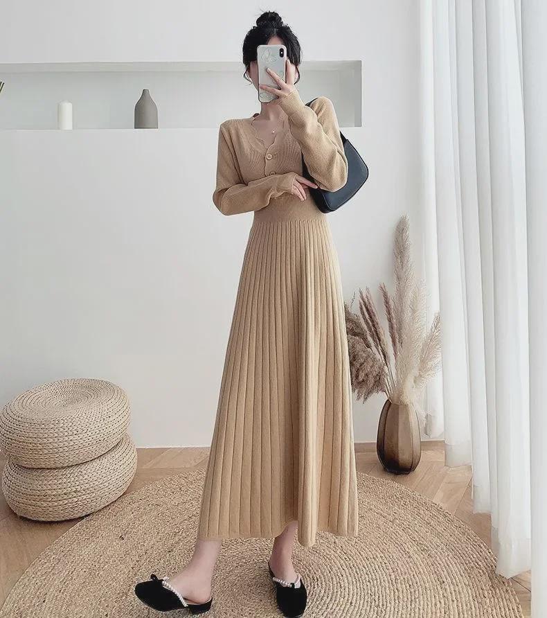 Spring & Autumn 2024 Slim Fit Knitted Midi Sweater Dress