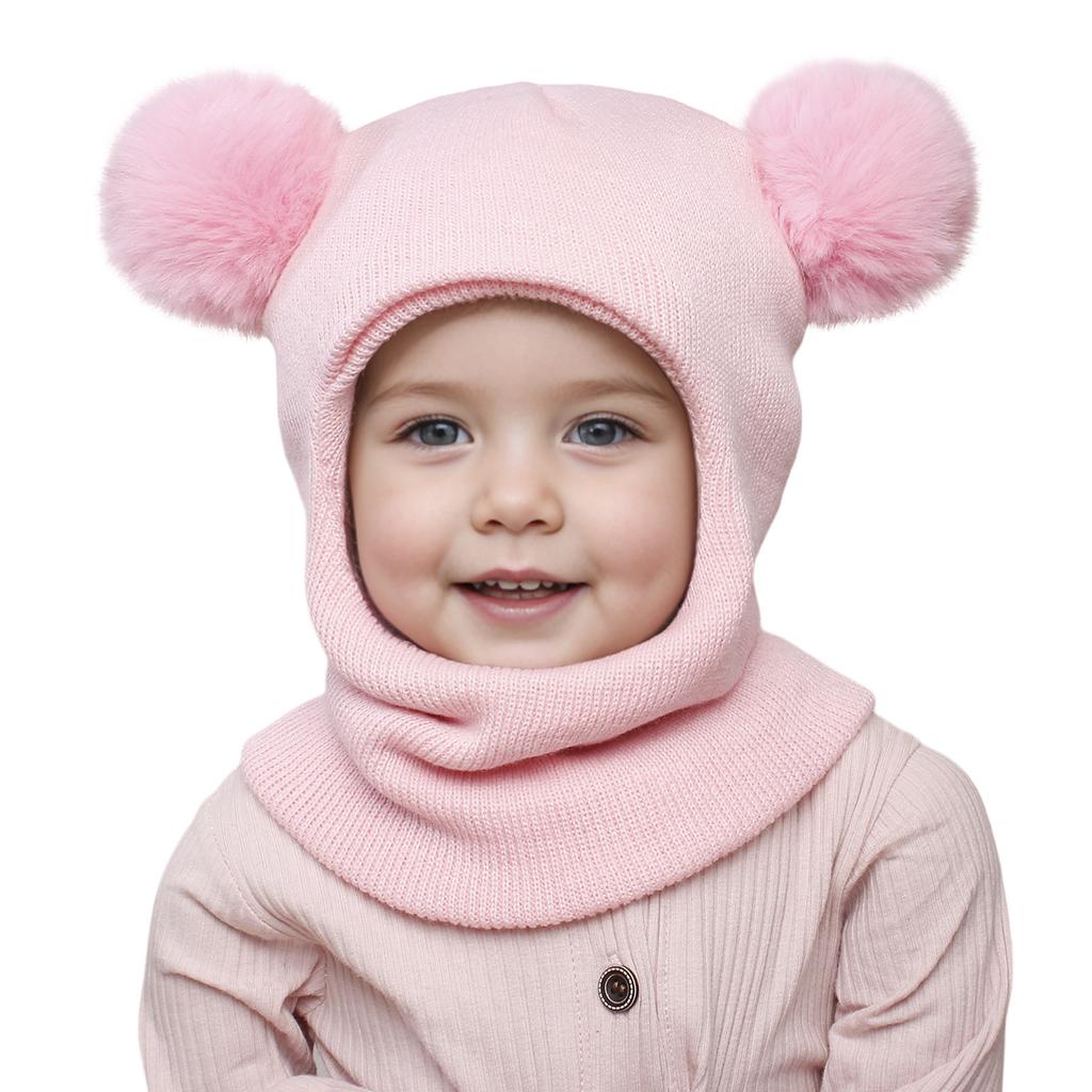 Autumn and winter children's pullover hat double ball ear protector balaclava hat boys and girls baby knitted hat wool integrated hat