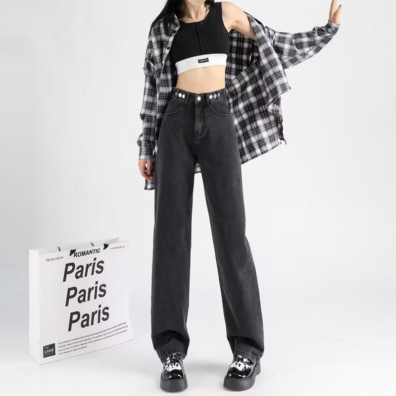 

Женские джинсы с высокой талией из плотного флиса - Зима 2022 года, свободный узкий широкий фасон Black Gray Fleece Lined