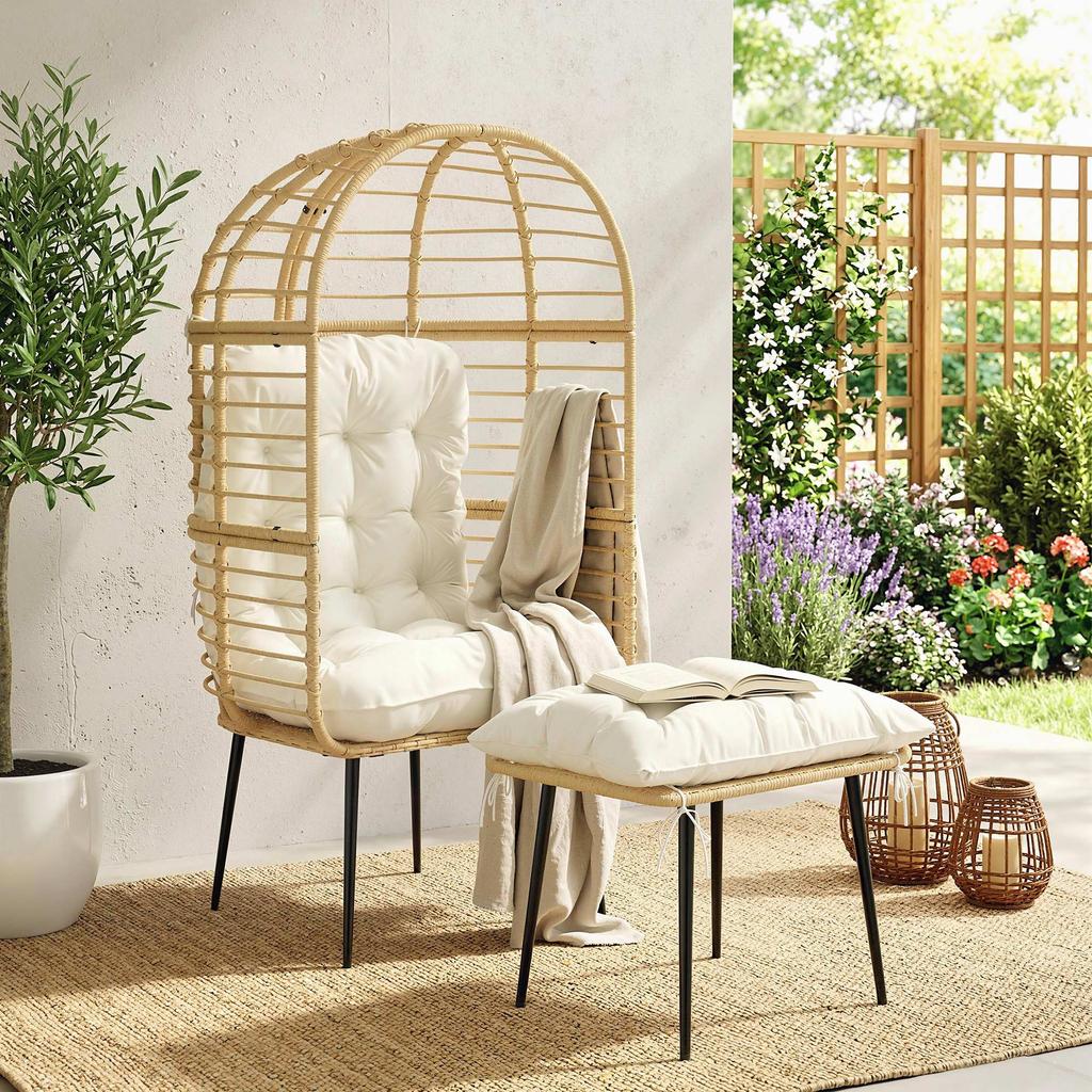 Garden Chair With Ottoman PE Rattan Egg Shape Basket Chair With Long And Thick Cushions Metal Frame Beige