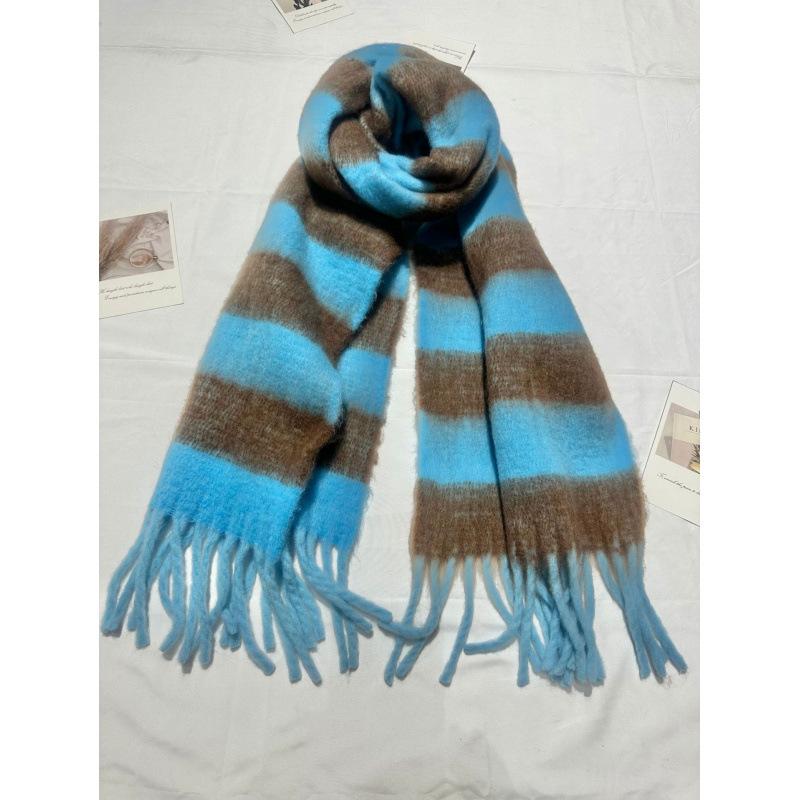 New Style Mohair Striped Colorful Scarf for Women in Winter Korean Style Thickened and Warm with Plush Scarf for Men
