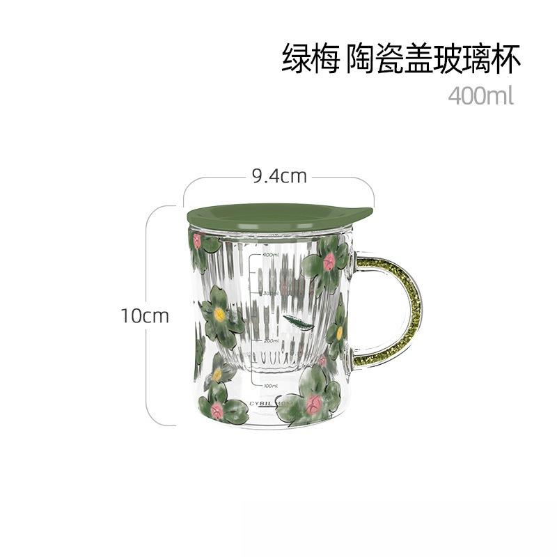Ceramic Lid Glass Cup with Tea Strainer High Temperature Resistant Home Flower Tea Mug with Scale 400ml