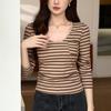 Retro Striped T-shirt for Women's Long-sleeved Autumn New U-neck Slim Base Shirt