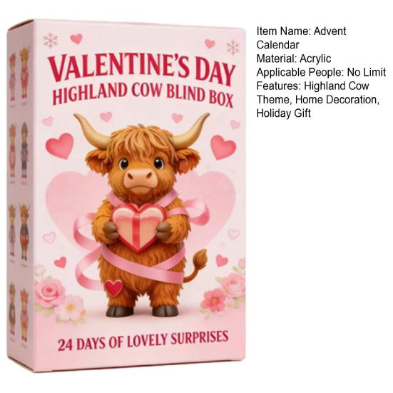 Valentine's Day Highland Cow Advent Calendar with 2D Acrylic Hanging Ornament 24 Days Countdown Calendar Box Holiday Party Gift