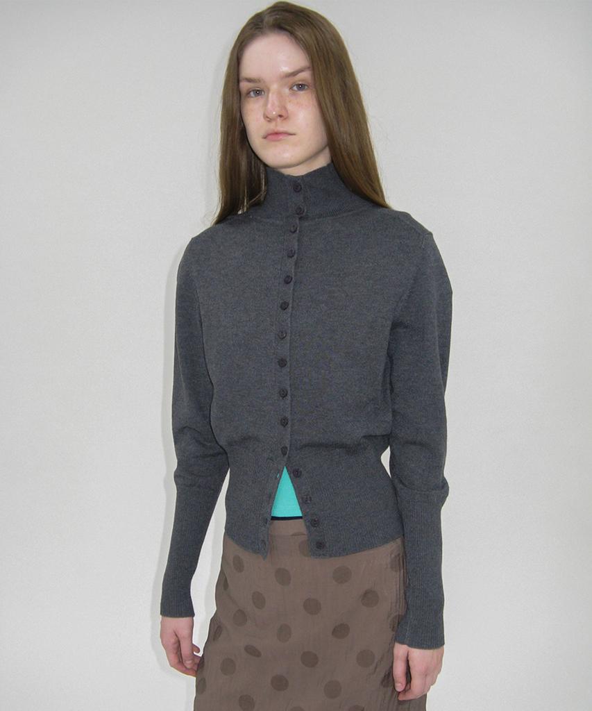 PARTIMENTO WOMEN Pwc High-Neck Back Button-Up Knit Top_Charcoal Melange