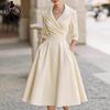 Women's Fashion Spring Fall Solid Color Print Long Sleeve POLO Neck High Waist Casual Dresses