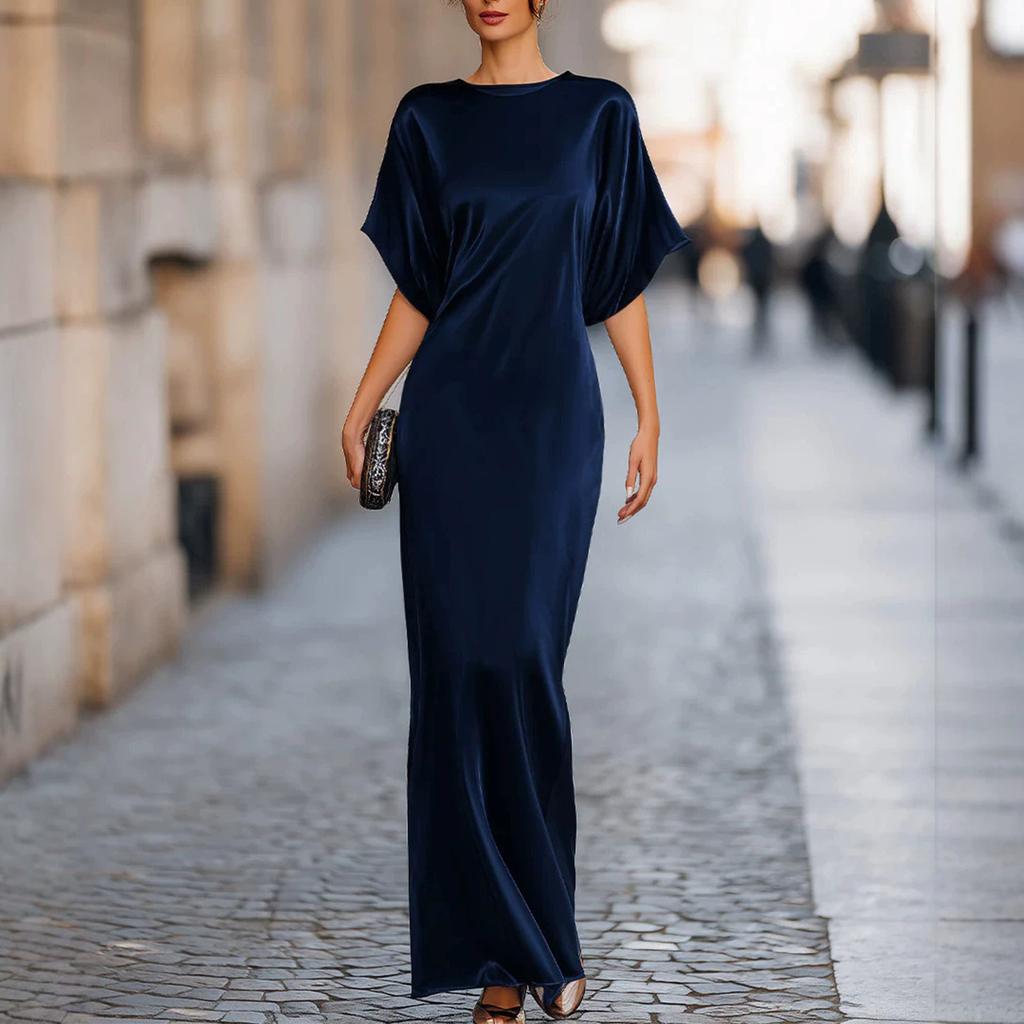 Women's Fashion Round Neck Short Sleeve Long Dress Satin Fabric Elegant Evening Gown Casual Loose Fit Full Length Maxi Dress