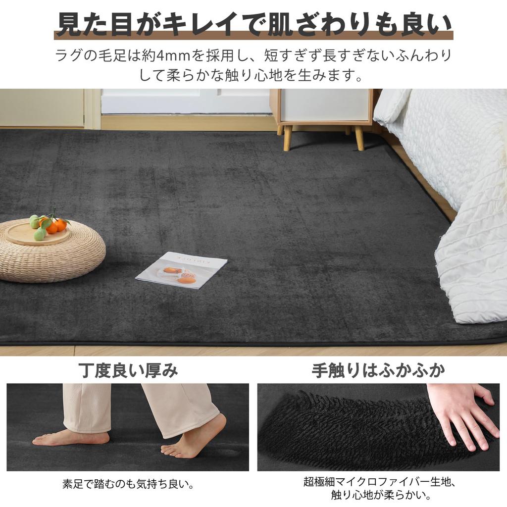 fuwawa Washable 3 Tatami Mat Size Comfortable for All Flannel Odor Compatible with Heated Solid Black Rug, Carpet, Non-Slip, Rug, (200x250cm),