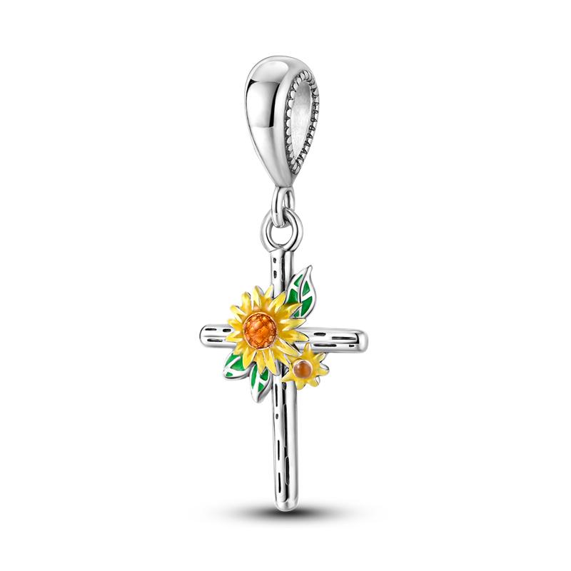 925 Sterling Copper Golden Sunflowers Heart Beads Pendant Charms Beads Fit 4MM Hole Diameter Bracelets Luxury Party DIY Zircon