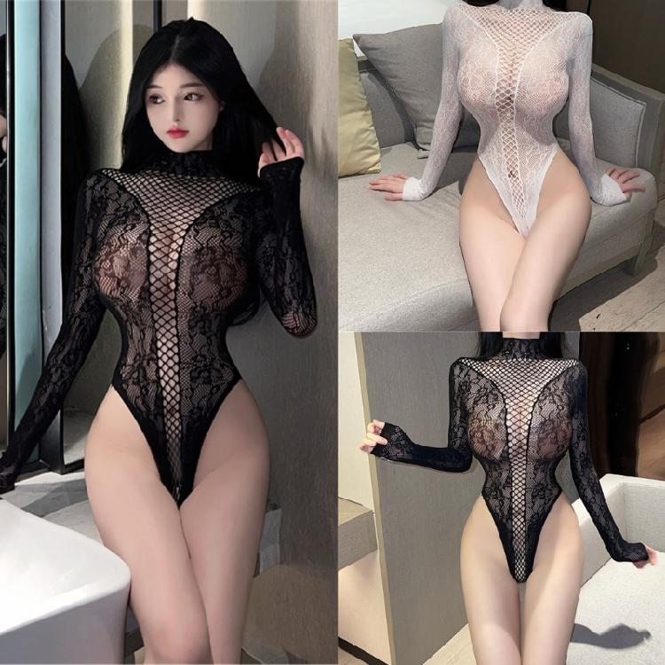 Sexy Women Fishnet Bodysuit Long Sleeve Backless Mock Neck See Through Lingerie