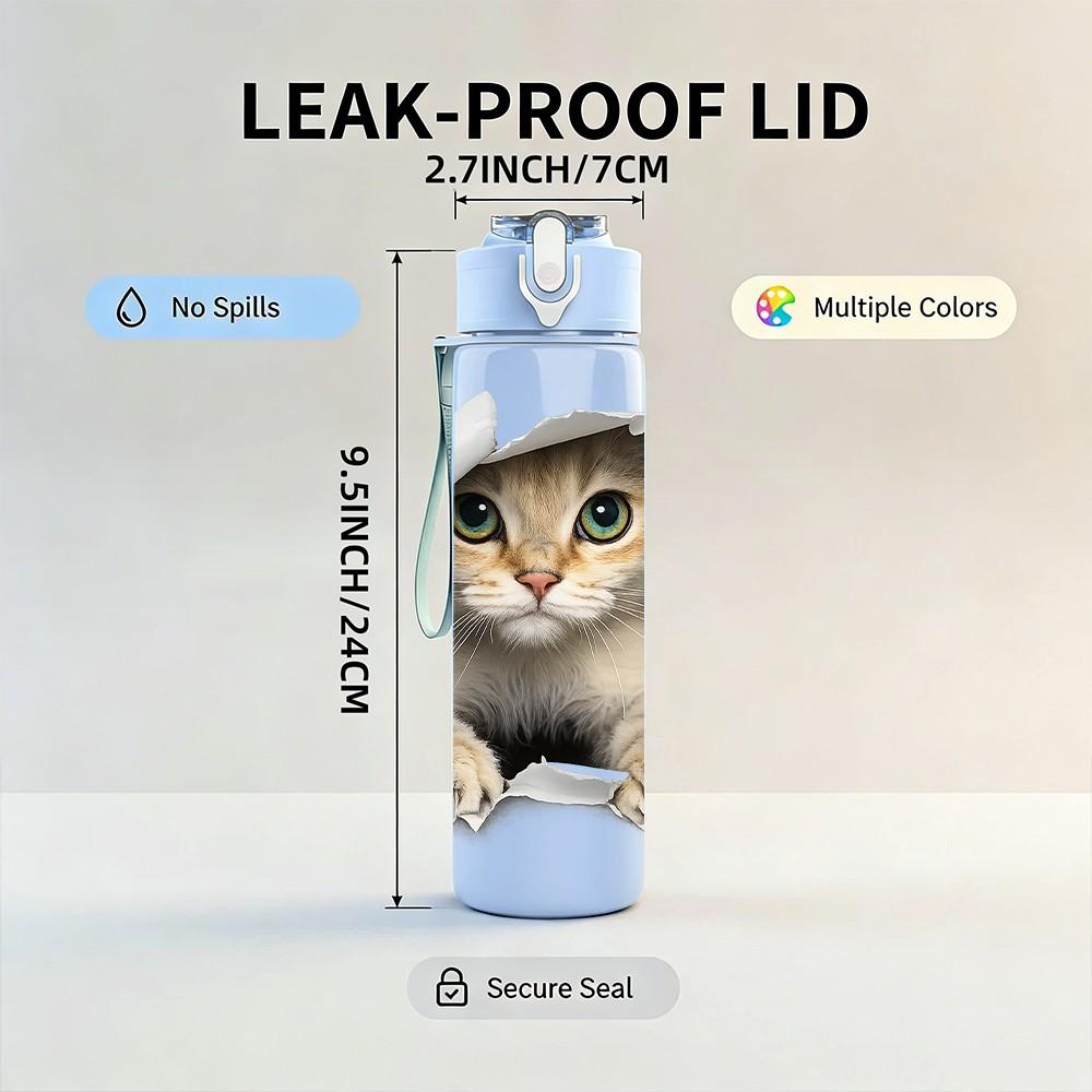 1PC Cat Breaking Through Wall Cartoon Print 750ml Color Plastic Sports Water Bottle Leakproof Flip Straw Lid Suitable for Sports Office Home Use