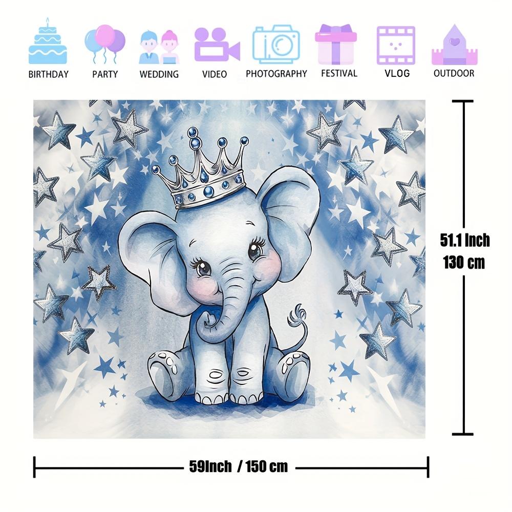 2D graphic design 1 piece. Party photography backdrop with blue silver glittered dot elephant background fabric.