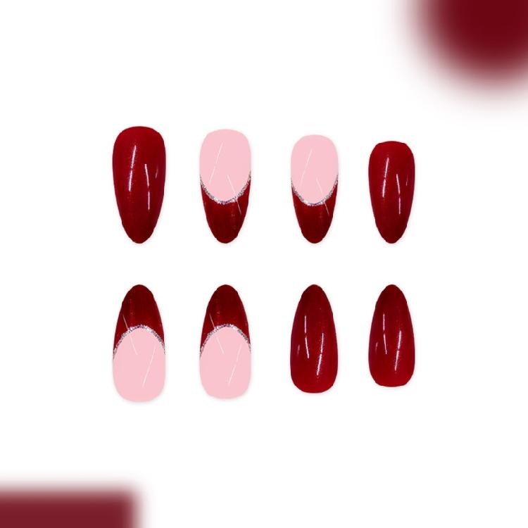 Burgundys Shimmers Press On Nail French Tip Floral Design Quickly Application Plastic Fake Nail For Weddings Parties Daily Use