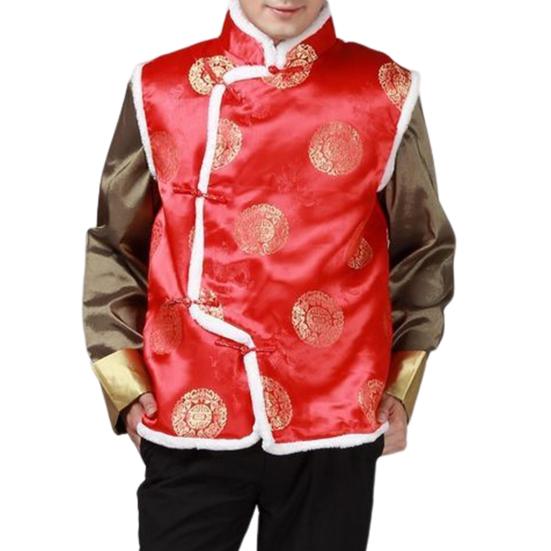 Stand Collar Sleeveless Disc Buckles Furry Trim Tang Suit Vest Men Winter Chinese New Year Tang Suit Waistcoat Outerwear