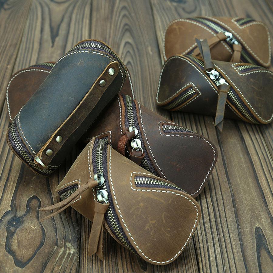 Kreatives Vintage Leder Schlüsselmäppchen, Reißverschluss Schlüsselkartenhalter, Unisex Echtleder Schlüsseletui für Zuhause & Auto