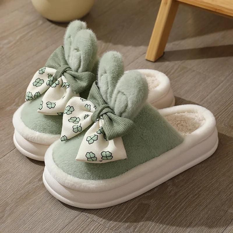 Women Winter Warm Indoor Bows Cotton Slippers Female Indoor Fluffy Cotton Shoes New Couple Plush Comfort Soft Sole House Slides