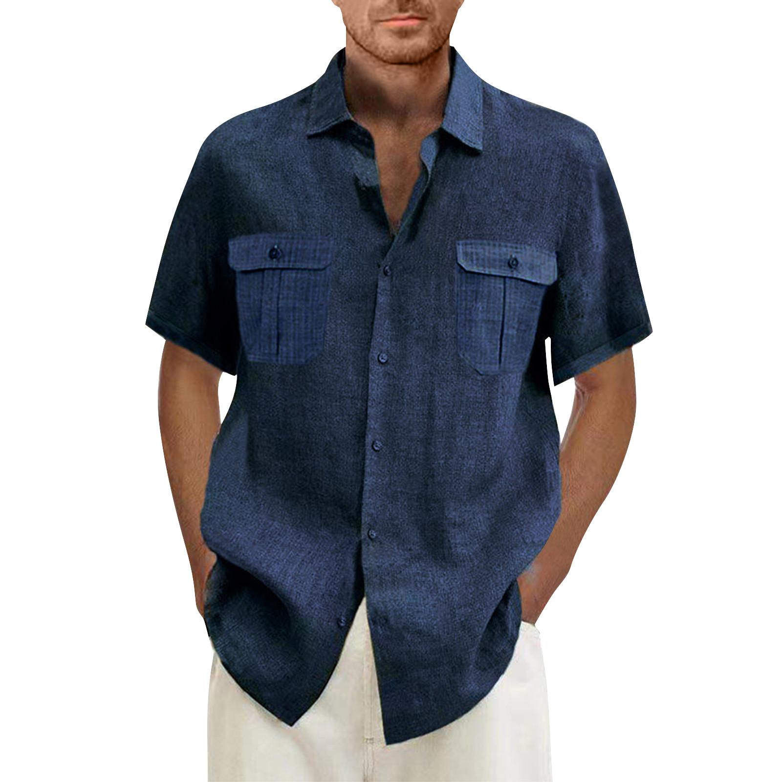 

Дизайнерские весенне-летние мужские повседневные хлопковые льняные рубашки с коротким рукавом, свободные рубашки XXXXXL тёмно-синий