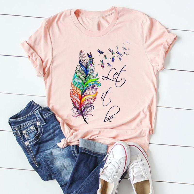 (Asian Size) Dragonfly Dandelion Plant Short Sleeve Women Print Tee Top Summer Fashion Tshirt  Lady Female Clothing Casual Graphic T-shirt