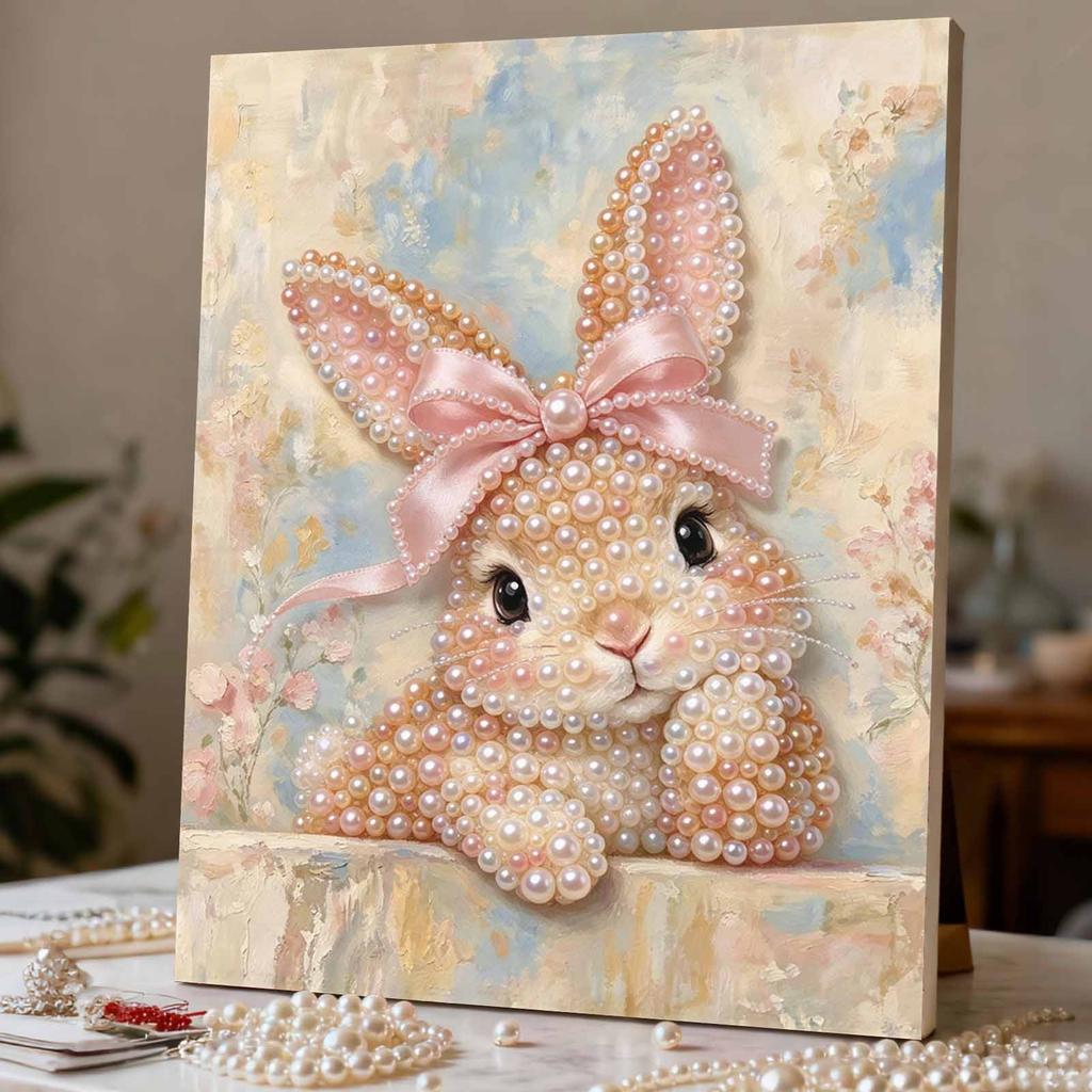 Cute Rabbit Pearl Art Canvas with Frame 3D Shiny Bead Painting Modern Room Decor Relaxing Handmade Craft Perfect Unique Gift Choice