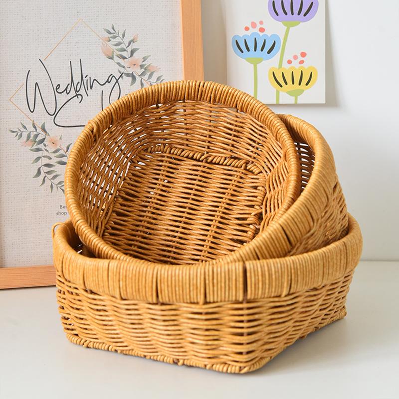 Hand-Woven Storage Basket Rattan Storage Tray Household Rattan Baskets Bread Fruit Food Breakfast Display Box Home Decoration