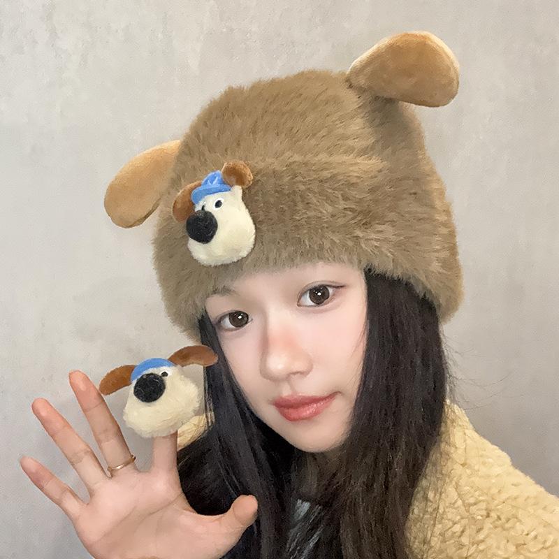 

Плюшевая вязаная шапка с ушками щенка для женщин на осень и зиму, теплая шерстяная шапка для защиты ушей, японская милая универсальная шапка-пуловер от холода M（56-58cm）