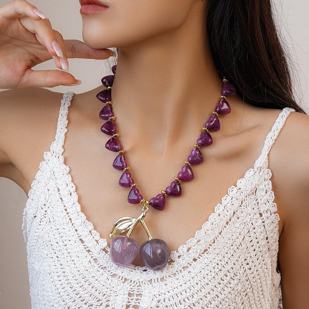 Love Heart Beadeds Women Cherry Necklace Acrylic Bohemia Choker Cherry Pendant  Vacation