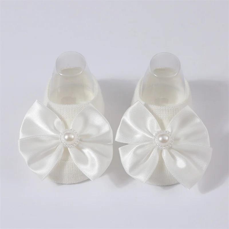 Baby Pearl Bow Solid Color Floor Socks Newborn Infant Knitted Breathable Socks Sweet Cute Girls Princess Children Birthday Gifts